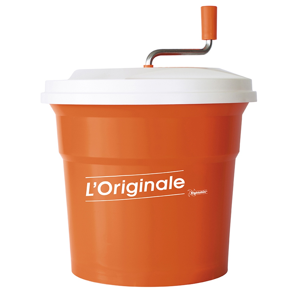 Dynamic USA E004 manual salad spinner with orange bucket, white lid and crank handle
