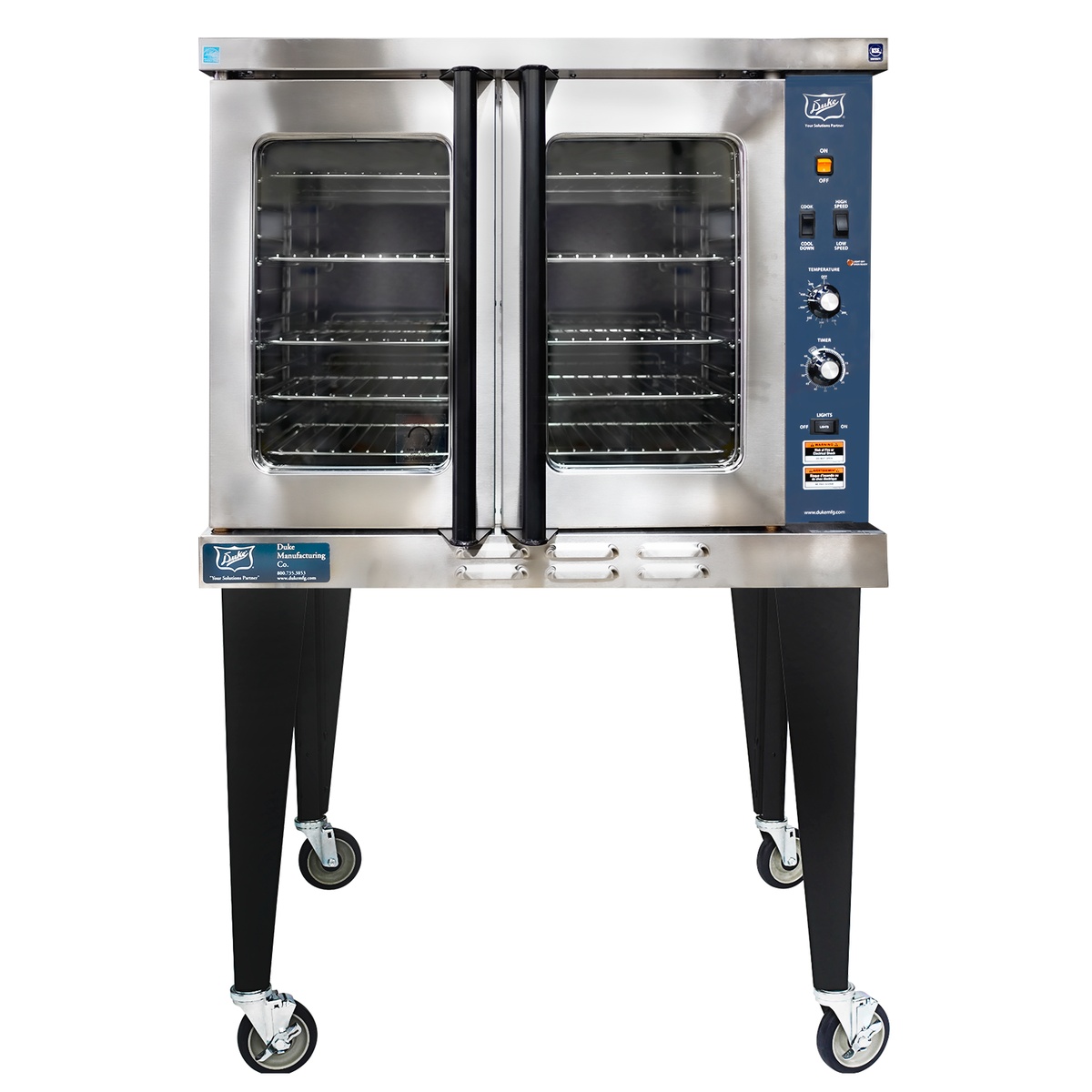 Front view of Duke E101-E electric full size convection oven with double-pane glass doors