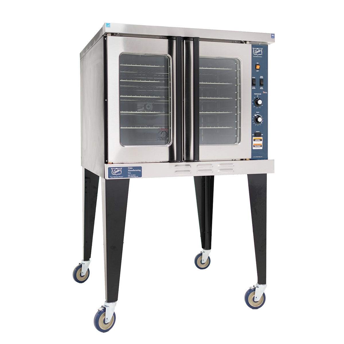 Angled view of Duke E101-E electric convection oven showing control panel and glass doors