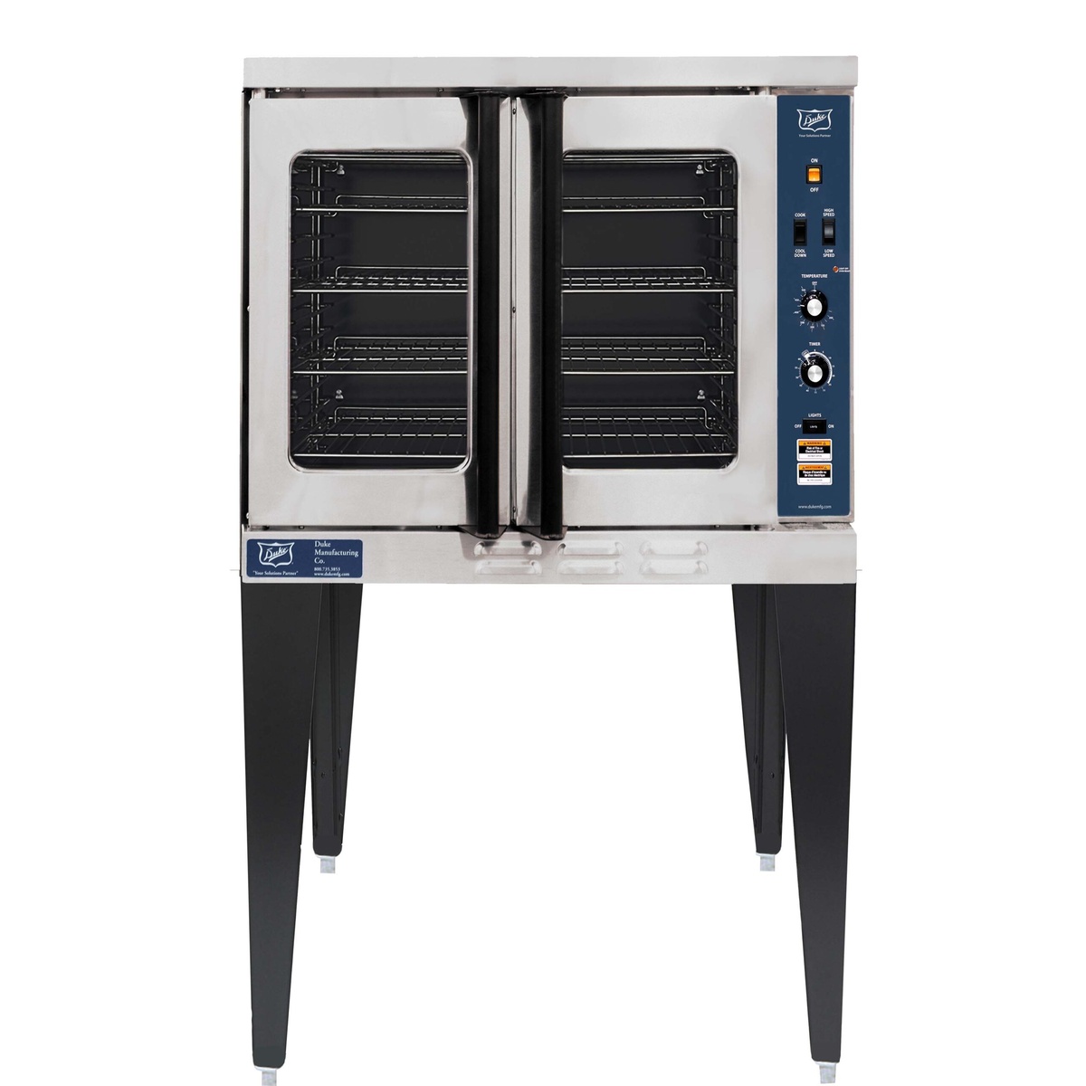 Front view of Duke E101-E convection oven on legs with stainless steel doors and glass windows