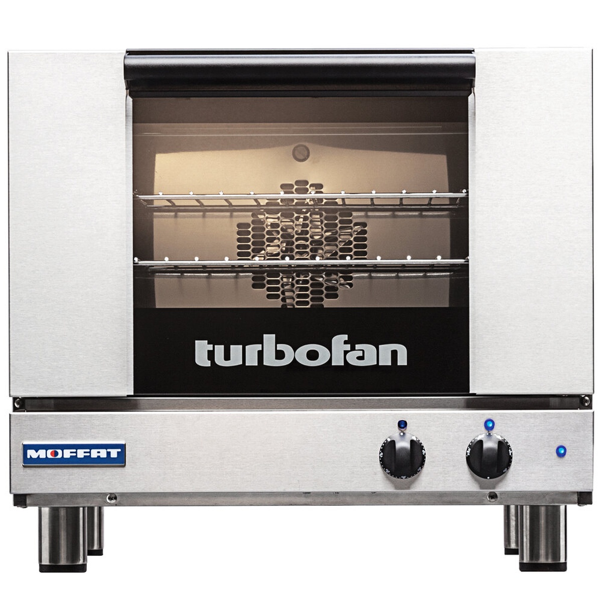 Front view of Moffat Turbofan E22M3 countertop electric convection oven with glass door and mechanical control knobs