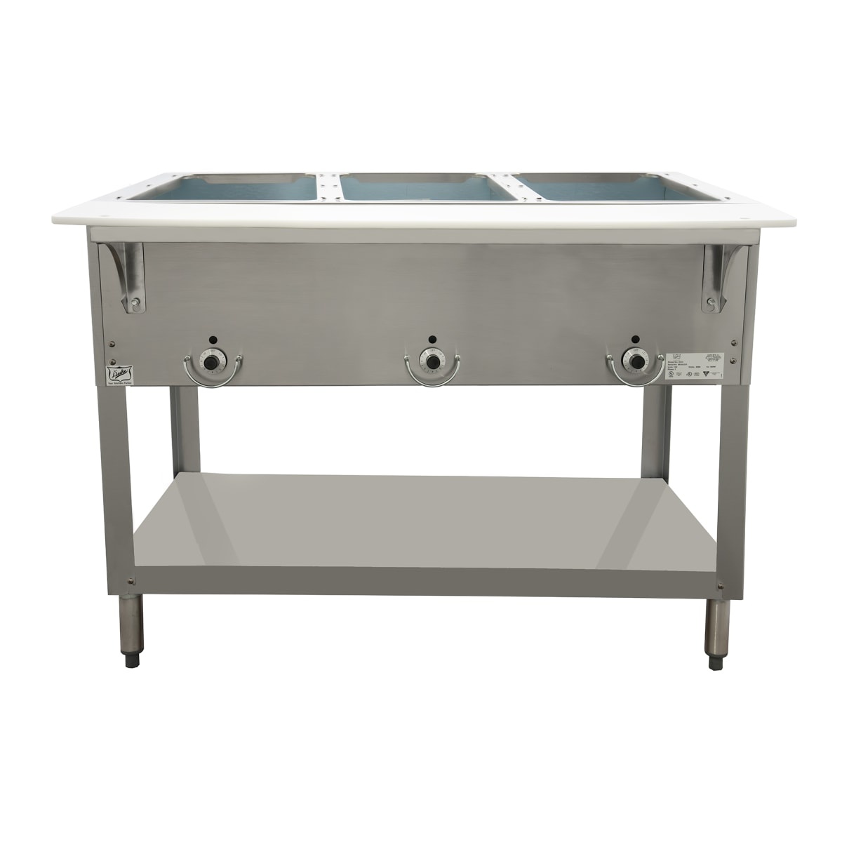 Duke E303 three-well electric steam table with open undershelf and front controls