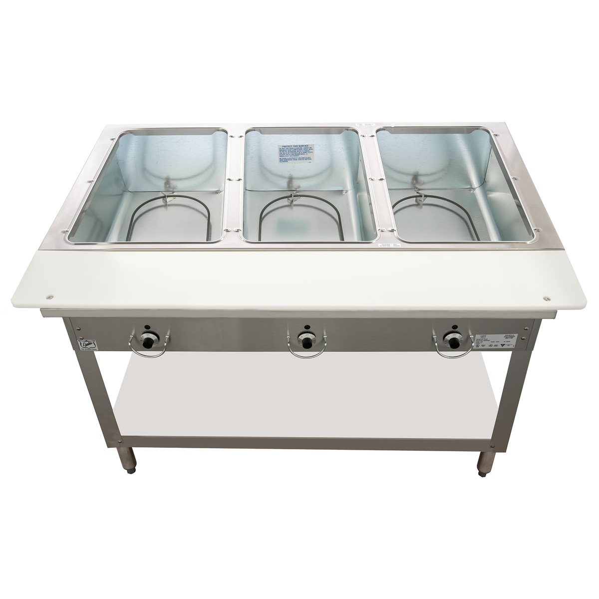 Top view of Duke E303SW Aerohot hot food station showing three sealed wells