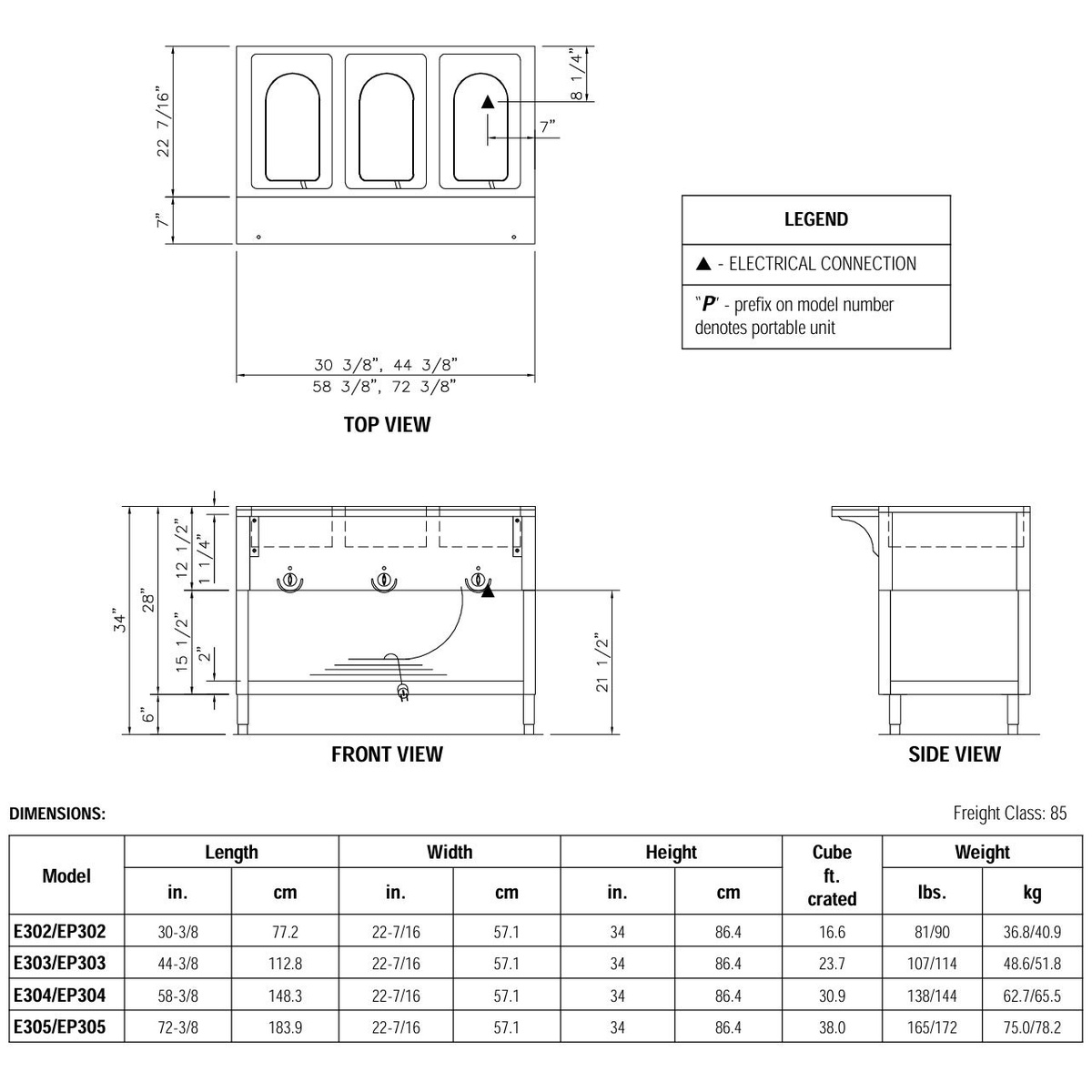 Dimension drawing for Duke E304 steam table showing 58-3/8 inch length and 34 inch height