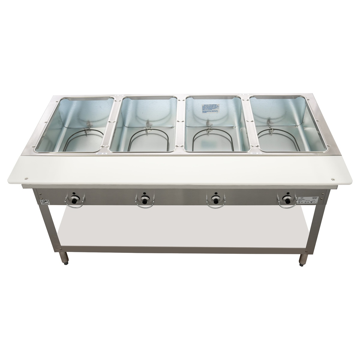 Angled top view of Duke Aerohot E304 steam table showing four open wells and exposed heating elements