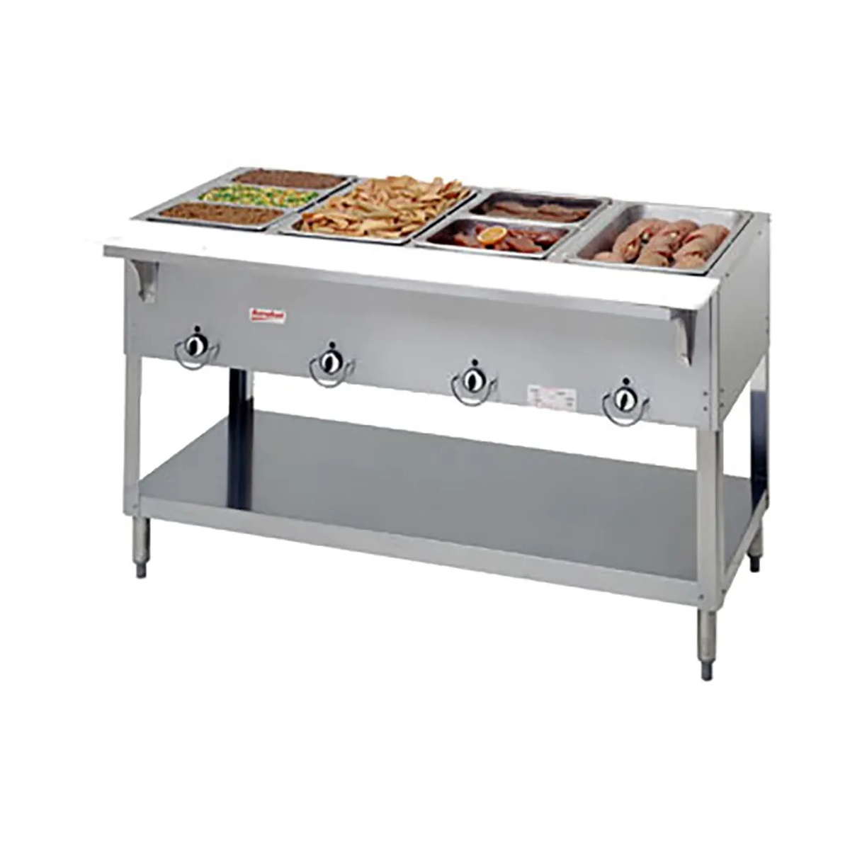 Duke E304SW stainless steel hot food table with four wells and undershelf
