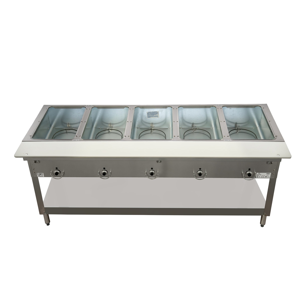Top view of Duke E305 steam table with five open wells