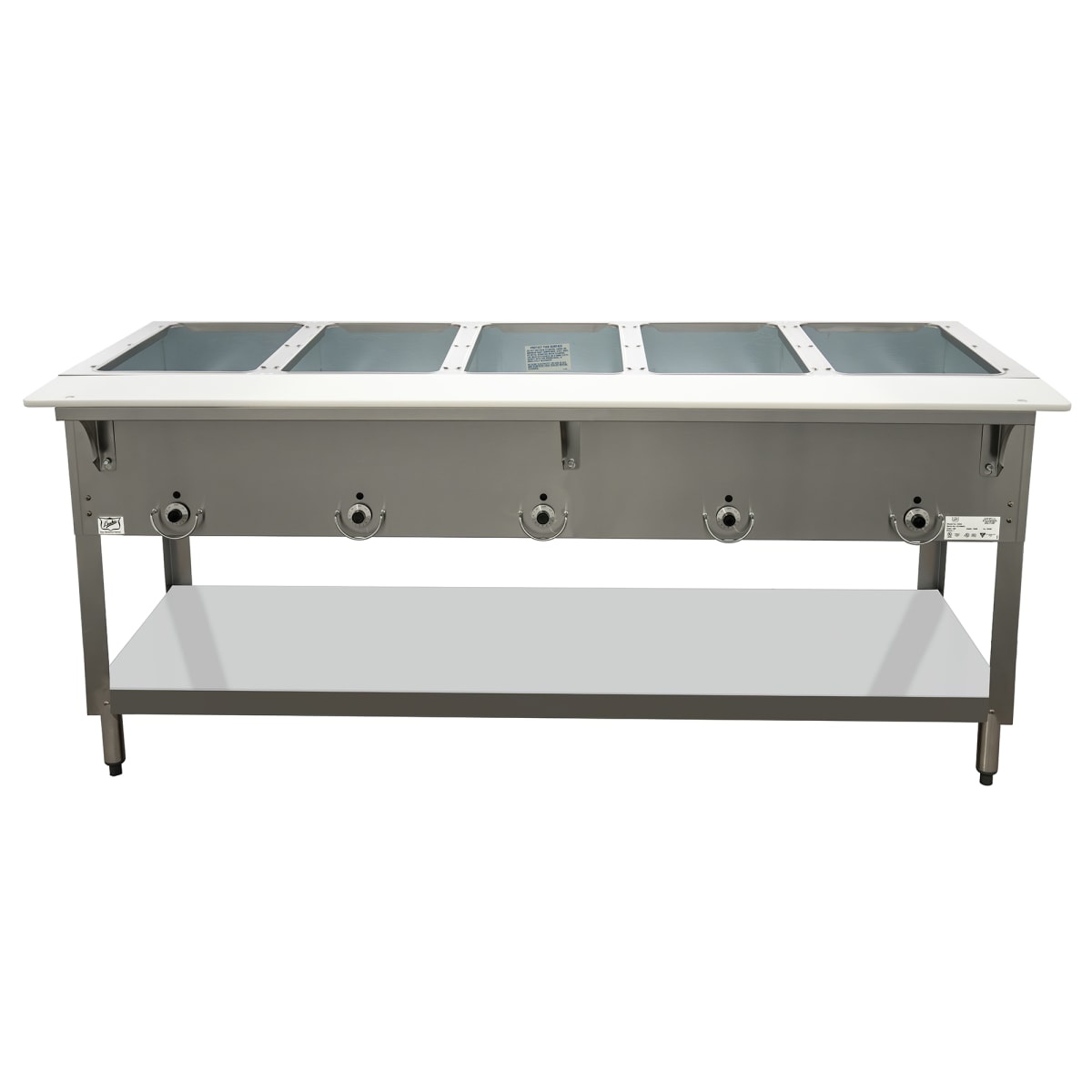 Duke E305 hot food station front view with five wells and undershelf