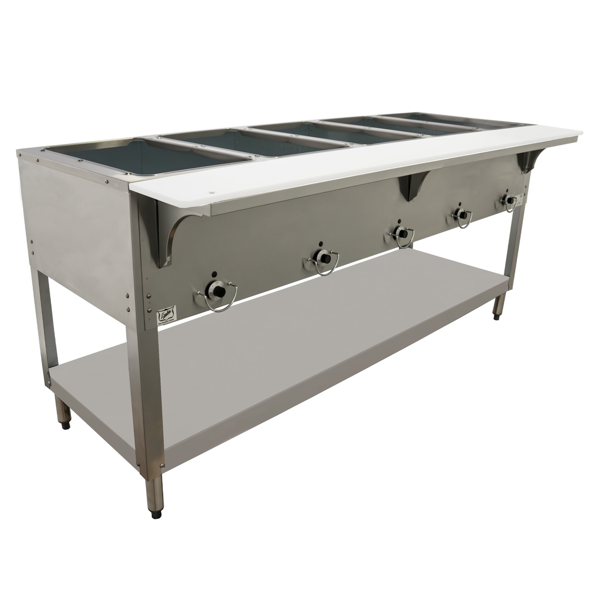 Angled view of Duke E305SW showing poly cutting board and stainless base