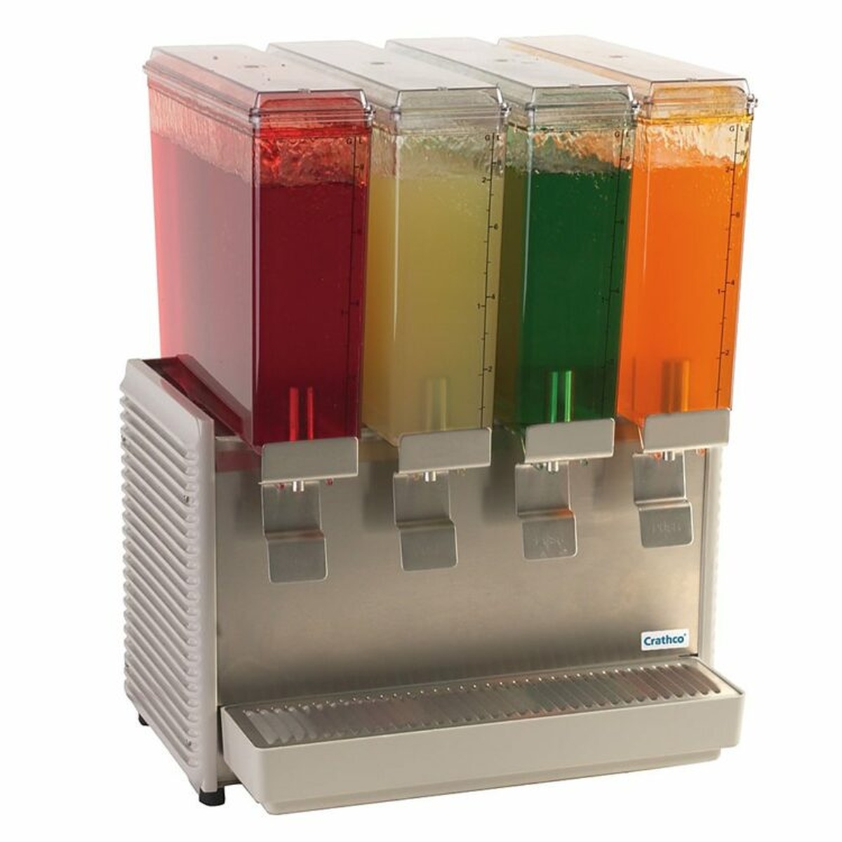 Crathco E49-4 refrigerated drink dispenser with four clear bowls and lever dispense valves