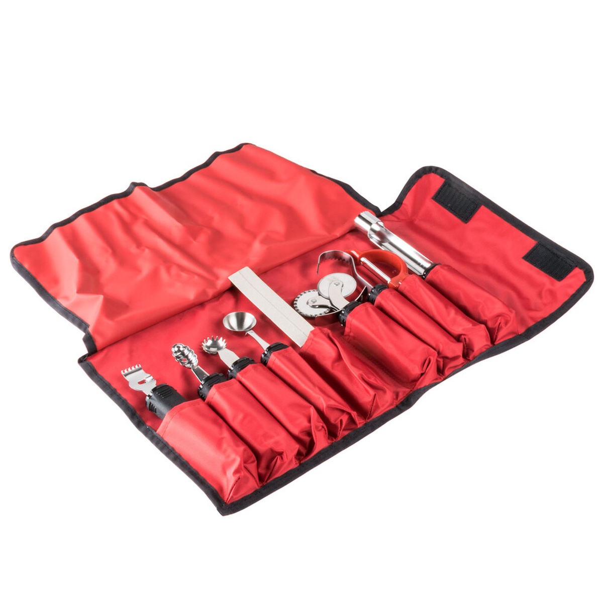 Nine piece garnishing tool set organized inside a red nylon carrying case.
