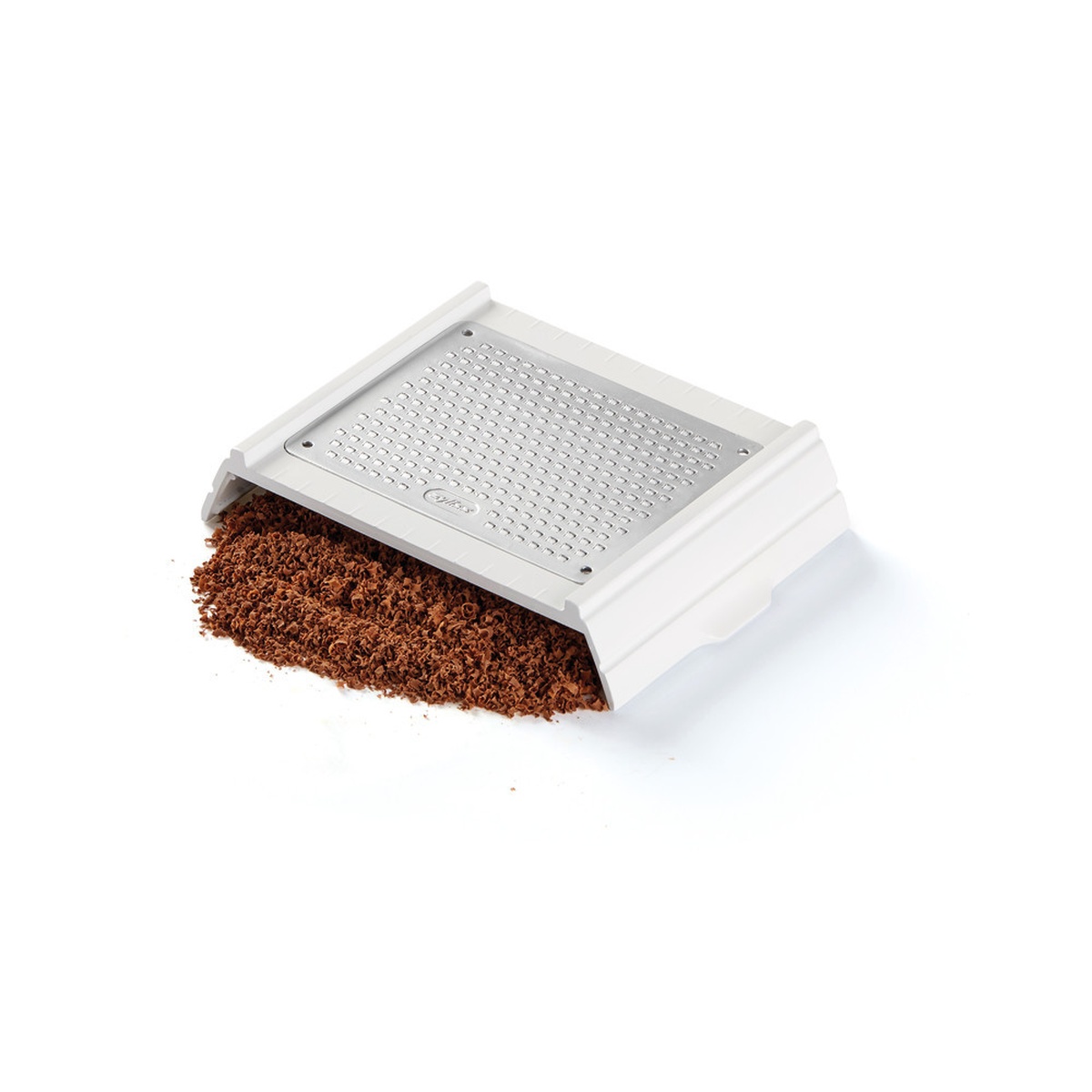 Zyliss fine grating blade insert shown with freshly grated chocolate collected beneath it