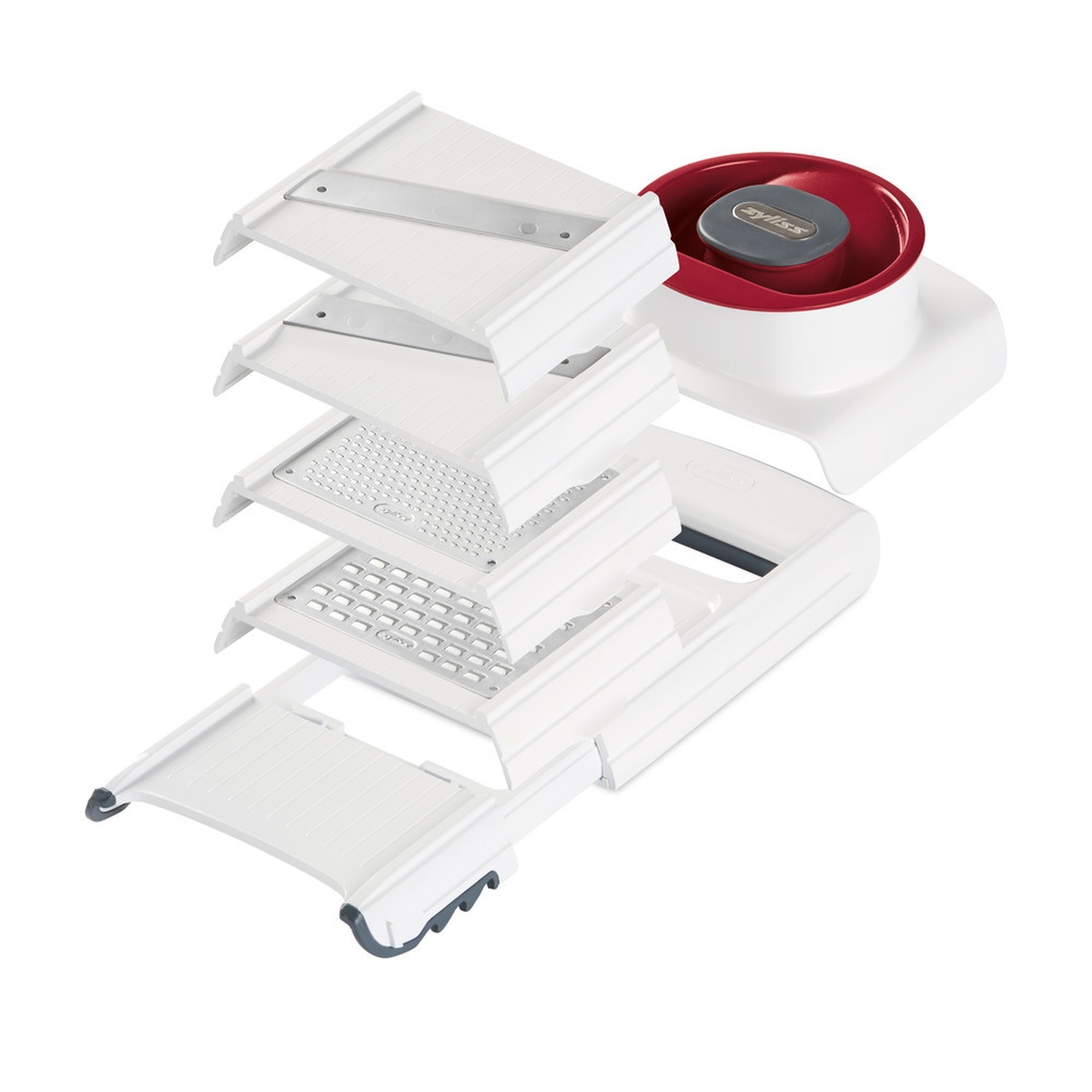 Exploded view of all four interchangeable blade inserts for the Zyliss 4-in-1 Slicer and Grater