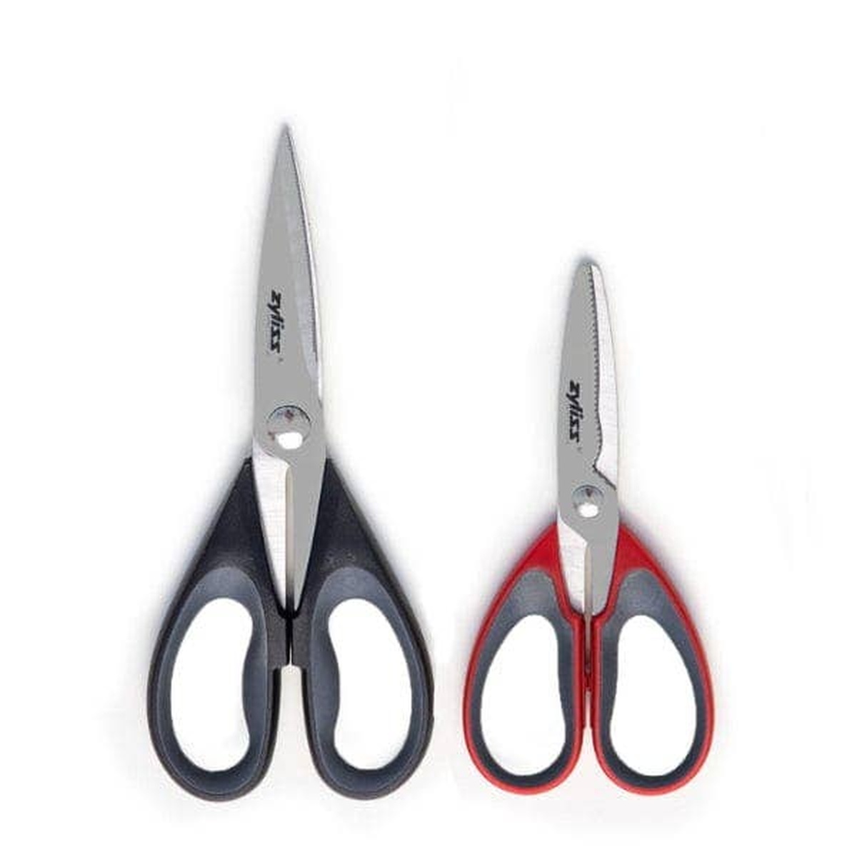 Zyliss 2-piece scissors and shears set laid flat on white background, showing larger black-handled scissors and smaller red and gray-handled shears