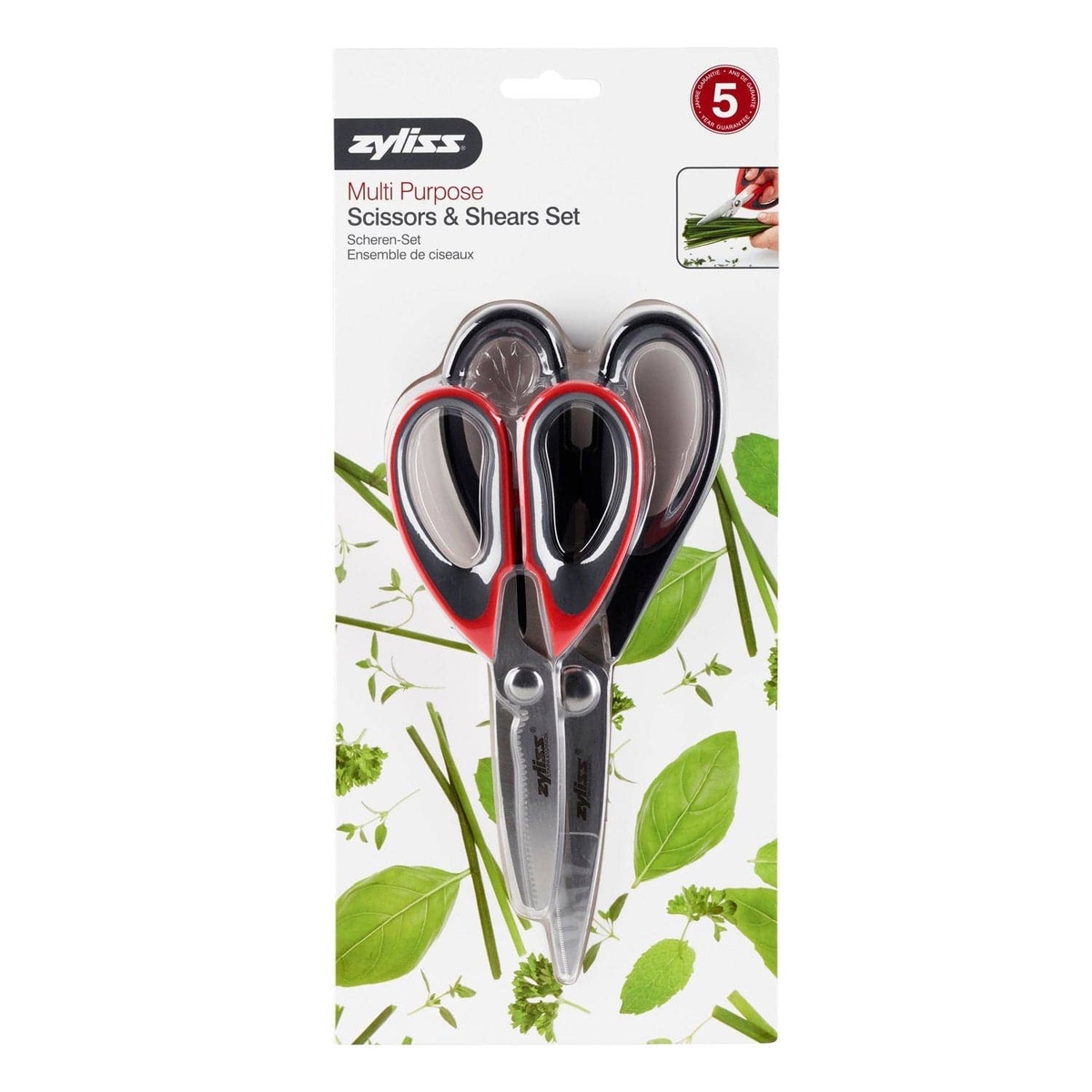 Zyliss Multi Purpose Scissors and Shears Set in retail packaging with herb illustrations and 5-year guarantee badge