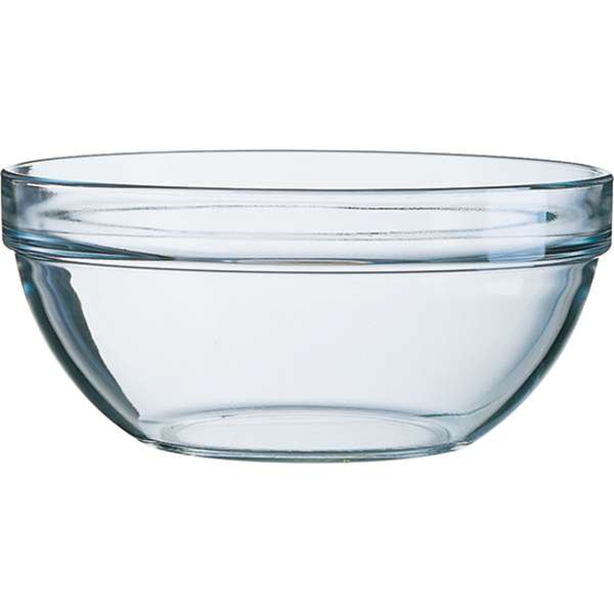 Arcoroc E9155 clear stackable glass bowl, 1.25 oz, viewed from slight angle showing stacking rim and transparent body