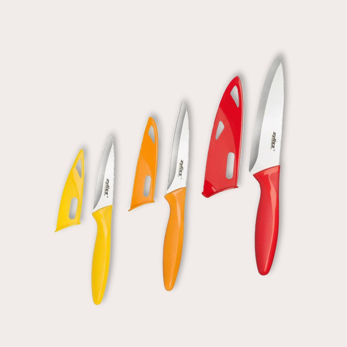 Zyliss 3-Piece Paring Knife Set with yellow, orange, and red handles, each shown next to its matching colored sheath cover
