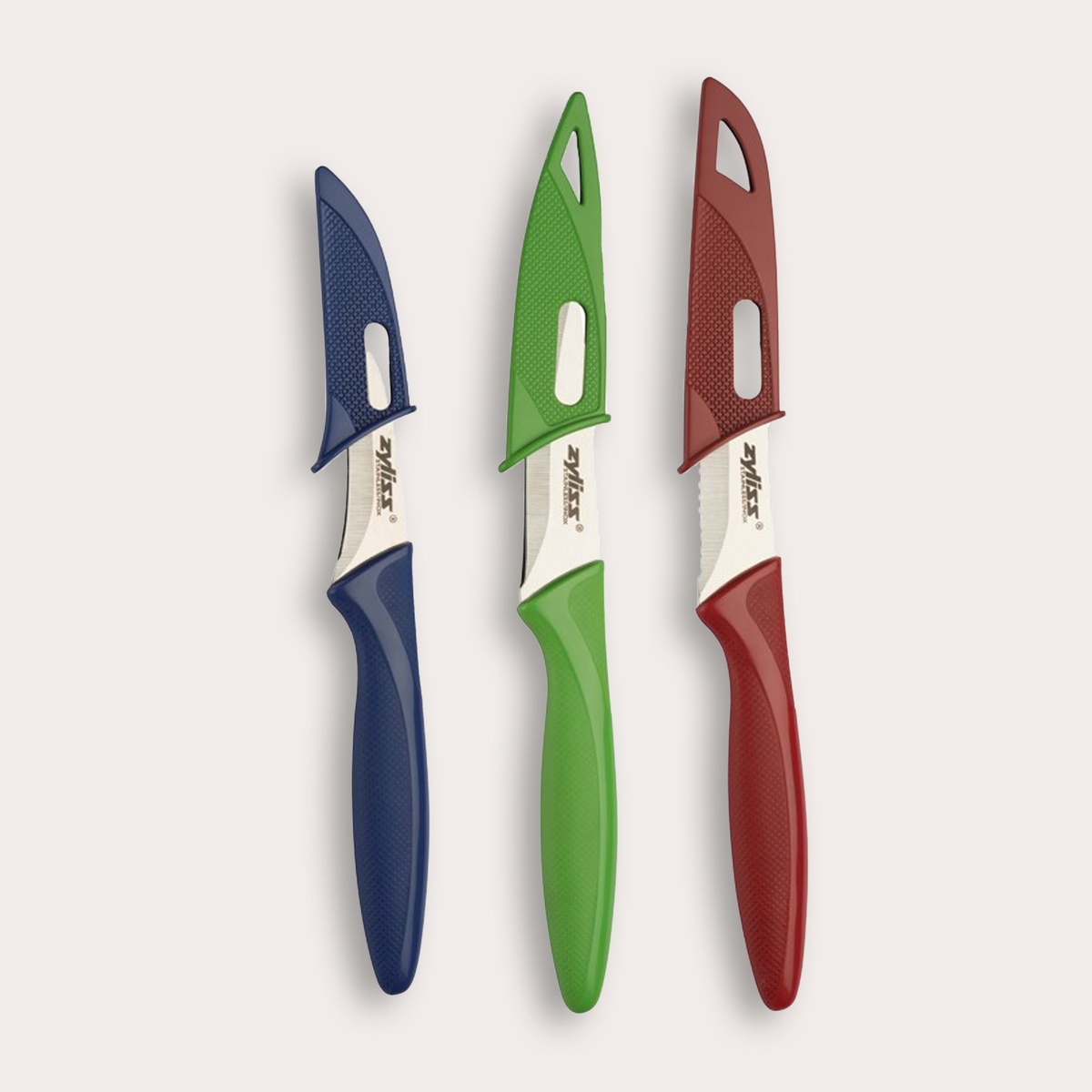 Zyliss 3-piece knife set with blue, green, and red handles and matching blade covers
