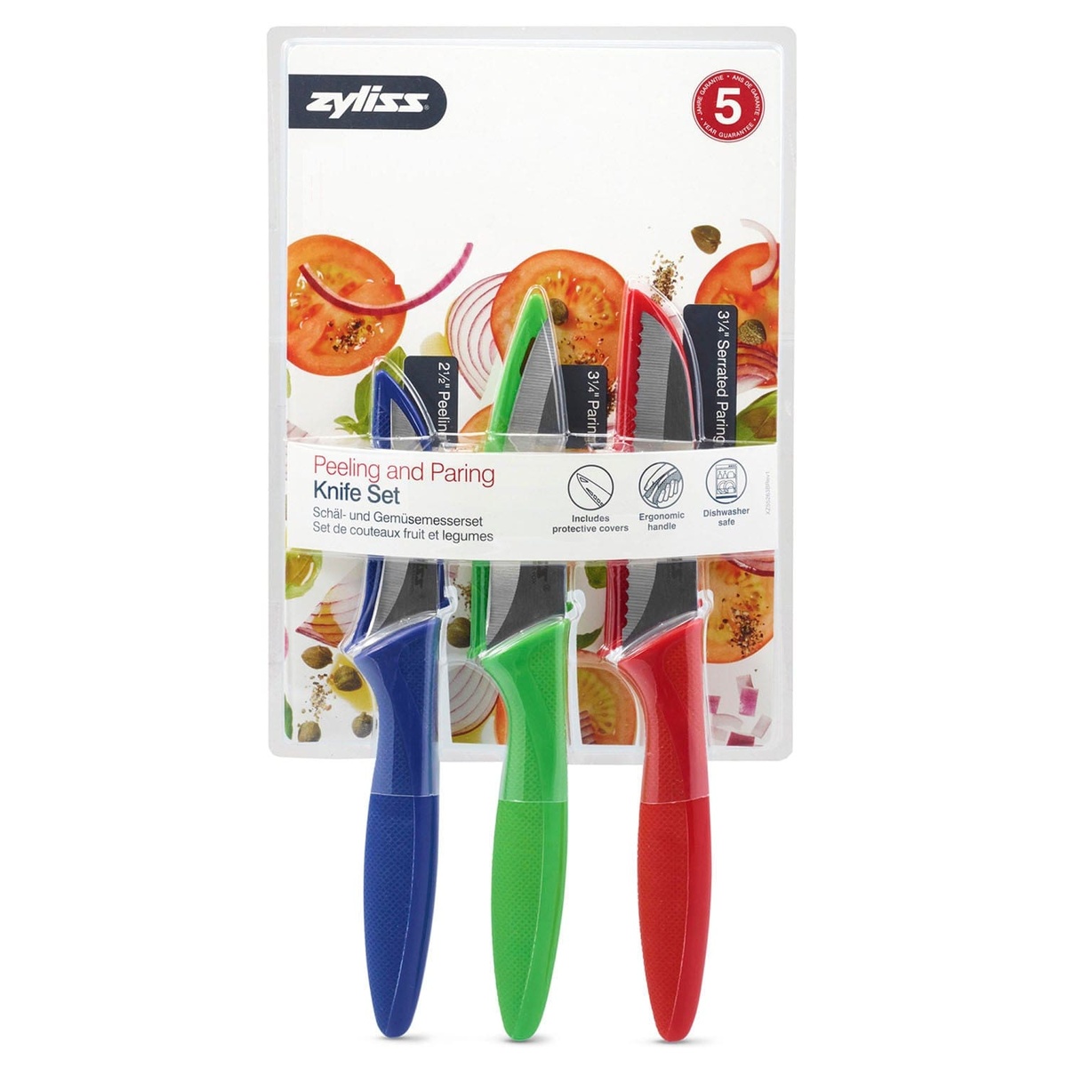 Zyliss Peeling and Paring Knife Set shown in retail packaging highlighting 5-year guarantee