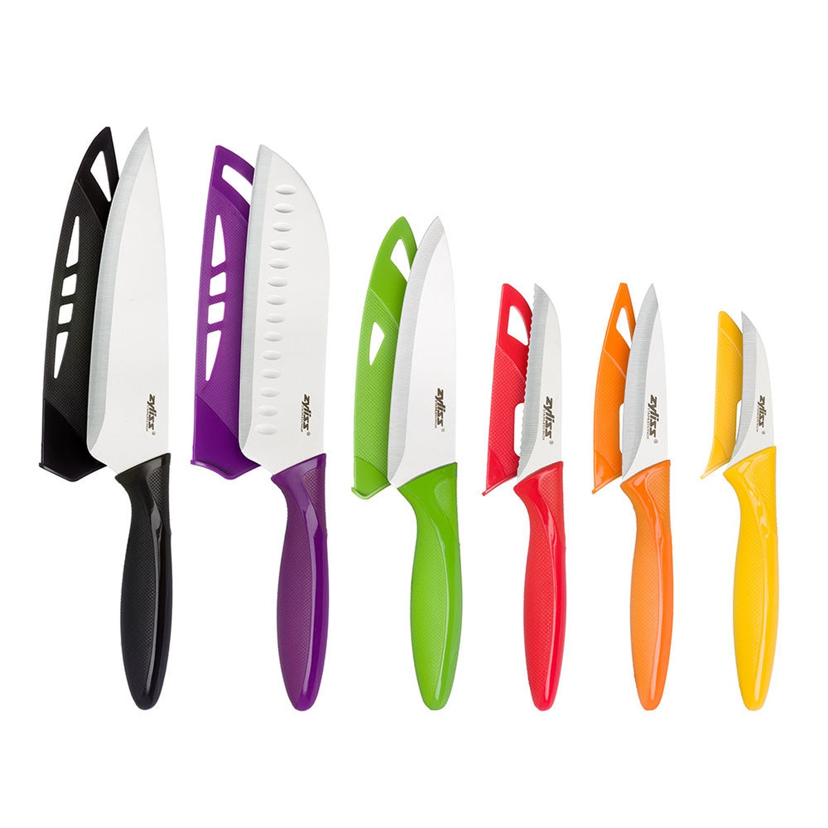 Zyliss 6-piece knife set with colorful handles and matching protective blade covers arranged by size