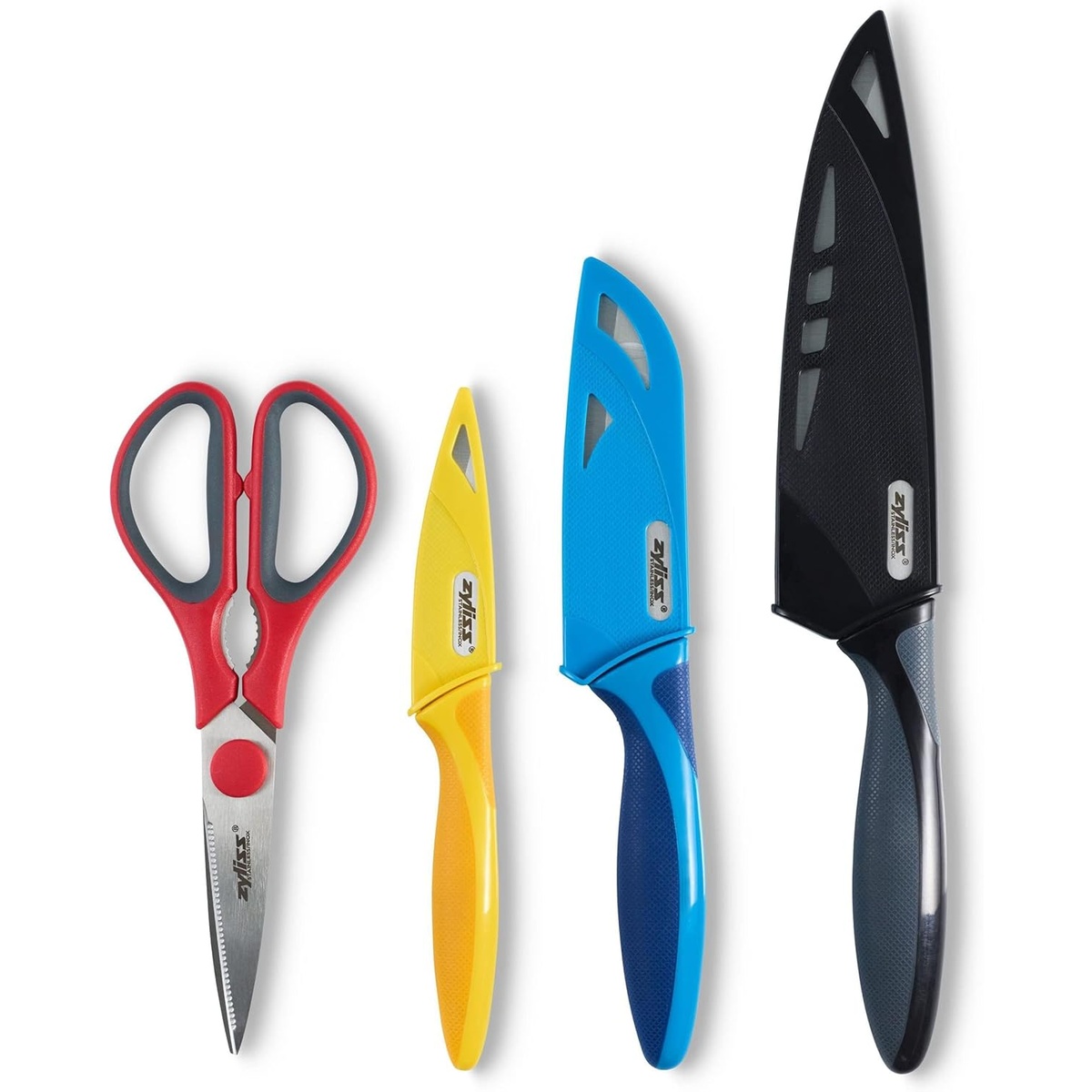 Zyliss 4-piece starter knife set laid flat: red-handled kitchen scissors, yellow paring knife with cover, blue santoku knife with cover, and black chef's knife with cover