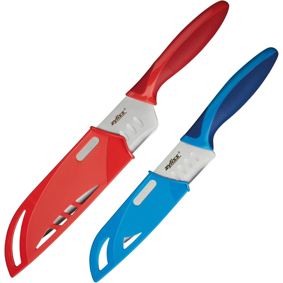Zyliss 2-piece Santoku knife set with red and blue handles and matching safety guards