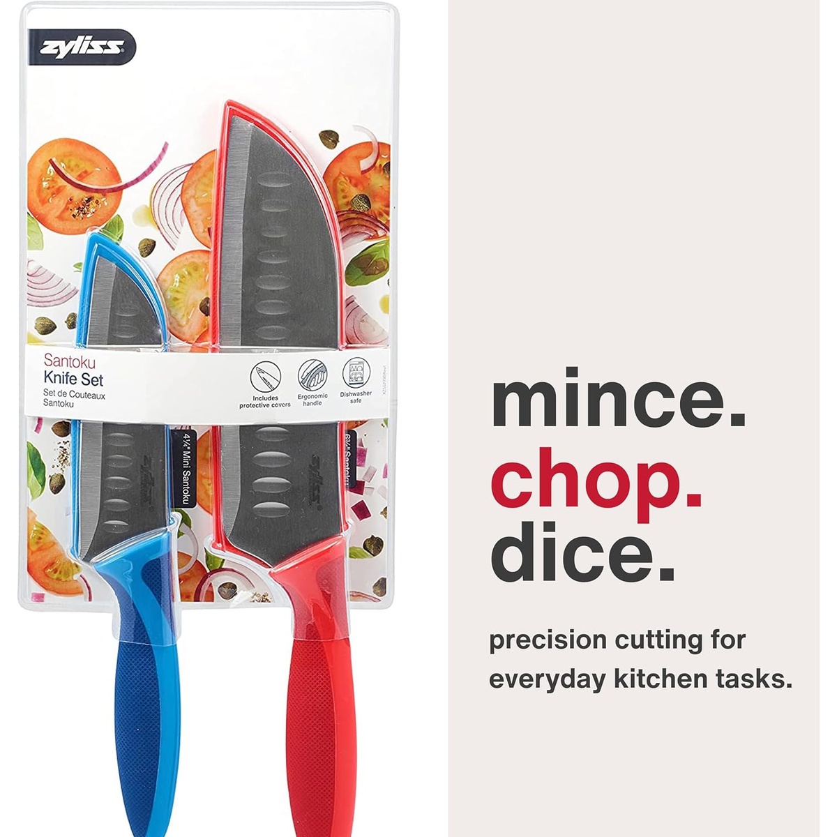 Zyliss Santoku knife set packaging highlighting mincing, chopping, and dicing capabilities