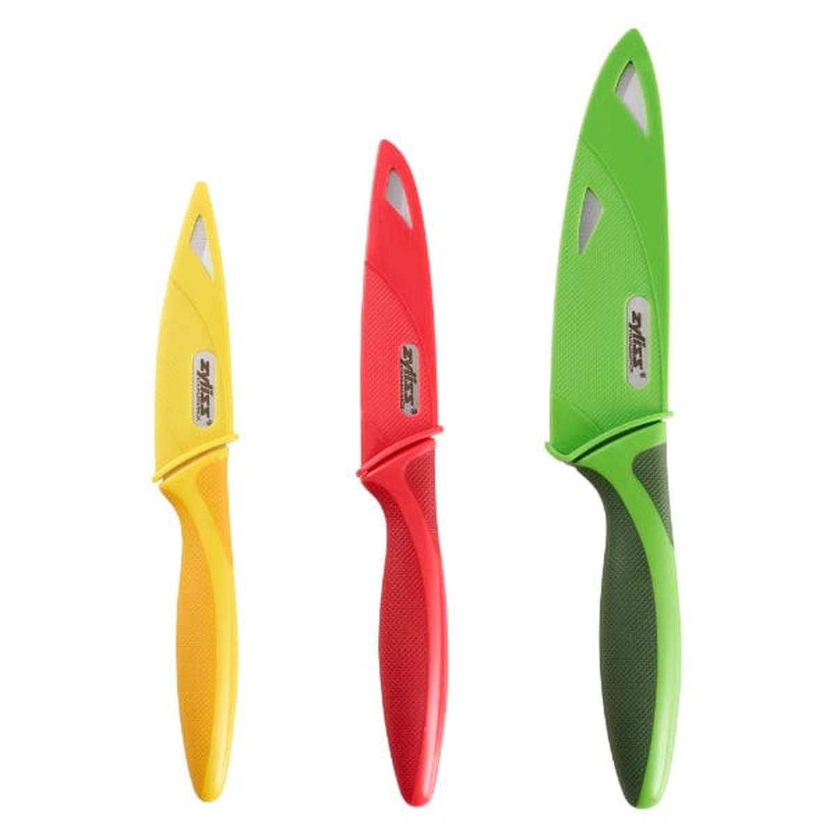 Three Zyliss knives in yellow, red, and green with matching blade covers displayed on a white background