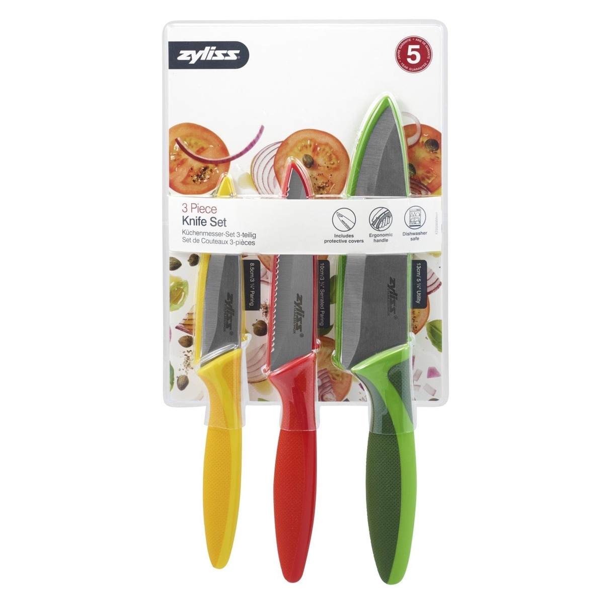Zyliss 3 Piece Knife Set in retail packaging highlighting protective covers, ergonomic handle, and dishwasher-safe features
