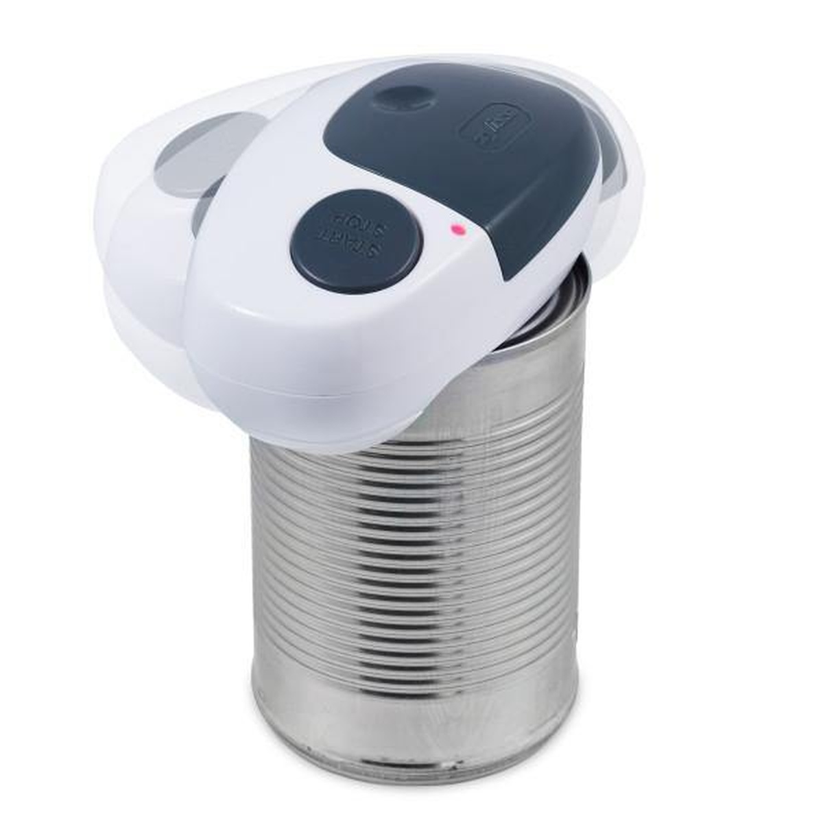 Zyliss EasiCan electronic can opener positioned on top of a metal can