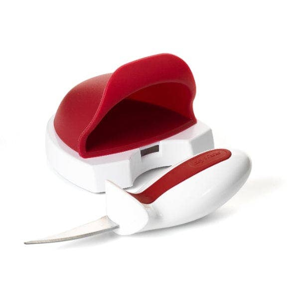Zyliss Oyster Shucker and Knife Set displayed with silicone holder and stainless steel knife