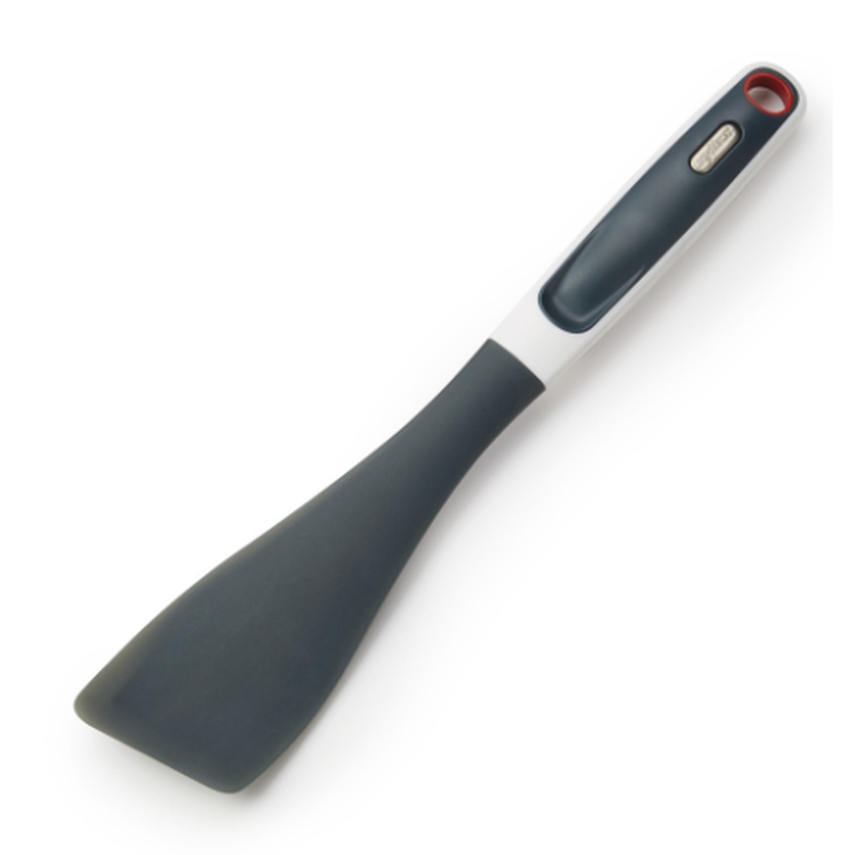 Zyliss stir fry spatula with gray heat-resistant silicone head and white ergonomic handle with red accent