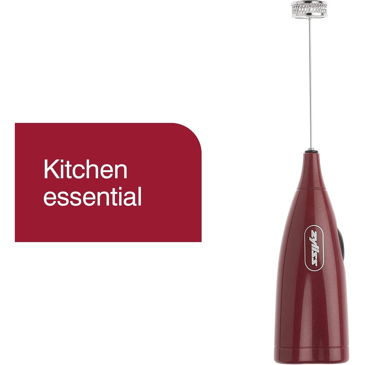 Zyliss Quick Milk Frother in red with stainless steel wand against white background