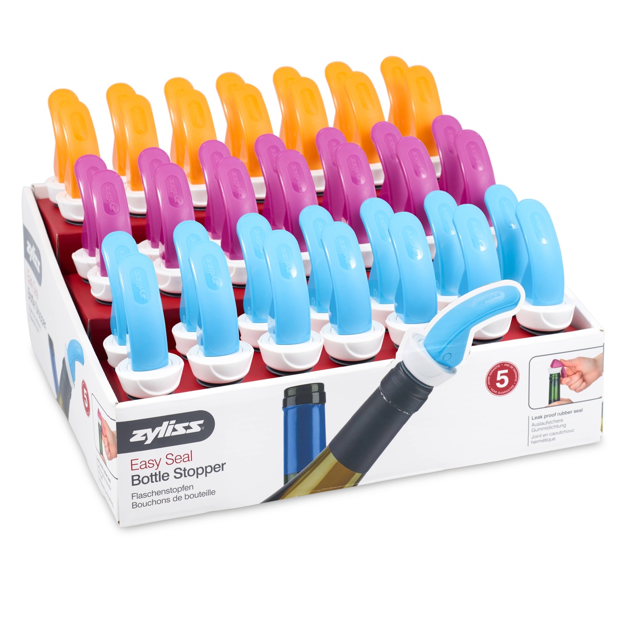 Zyliss Easy Seal Bottle Stopper CDU display from elevated angle showing full assortment