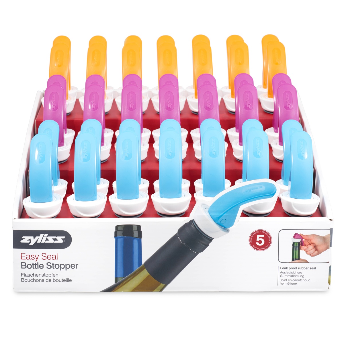 Zyliss Easy Seal Bottle Stopper CDU display with orange, pink, and blue stoppers