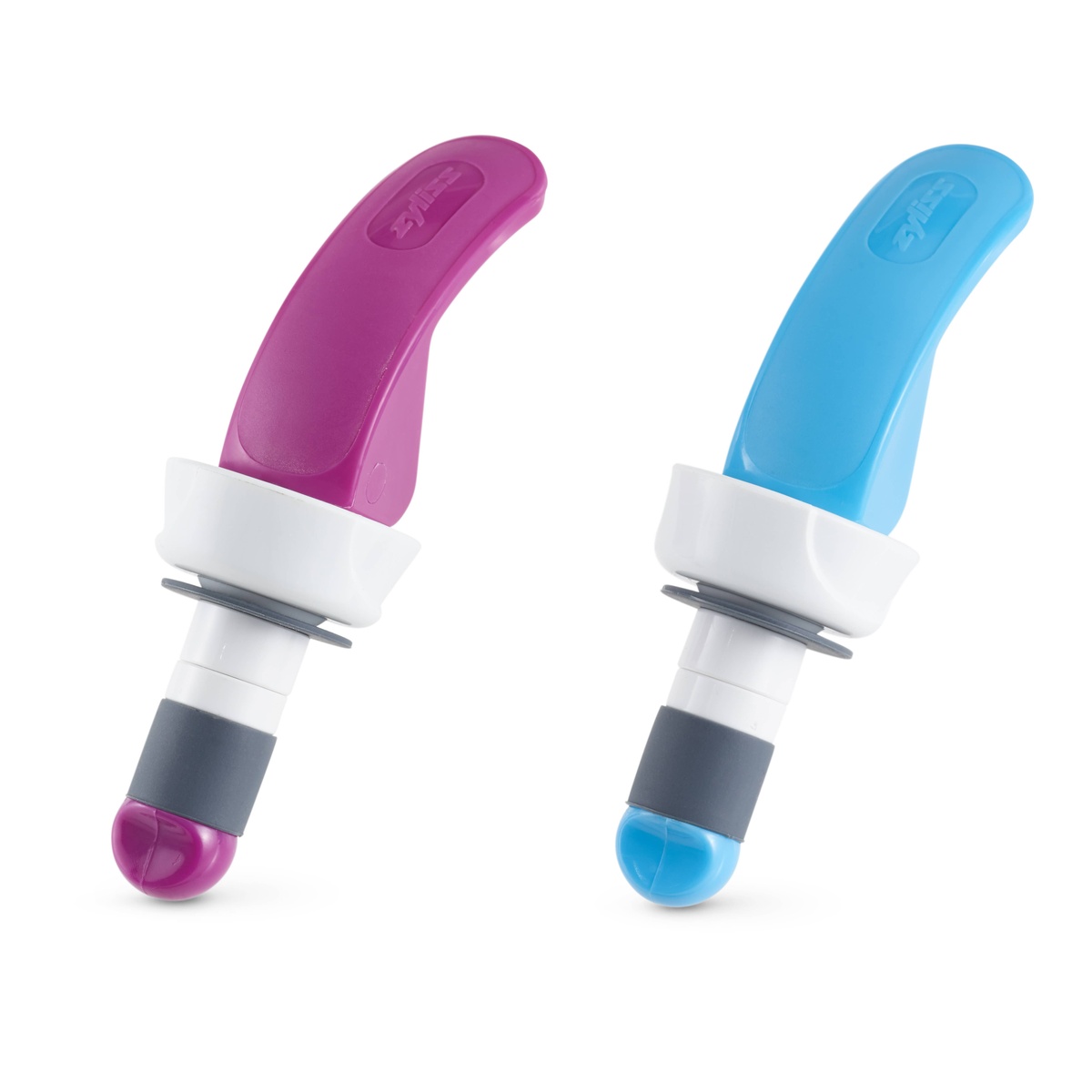Zyliss Easy Seal Bottle Stoppers in purple and blue showing rubber seal and lever detail