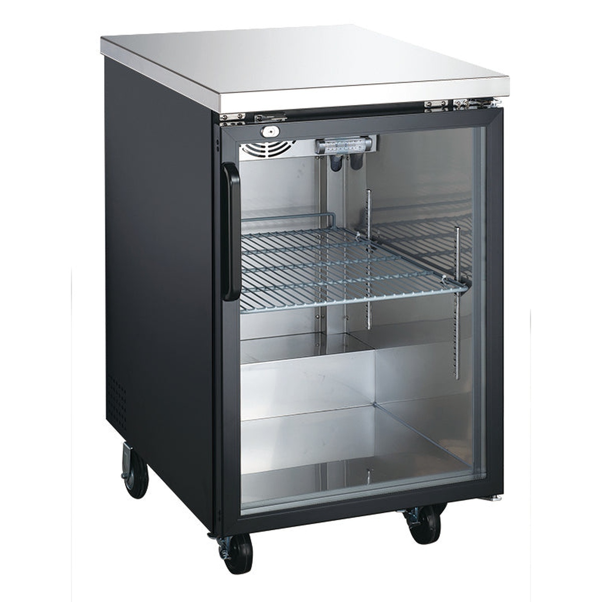 Enhanced Refrigeration EBB-1G-HC back bar cooler with black exterior, stainless steel top, open glass door, and wire shelf on casters