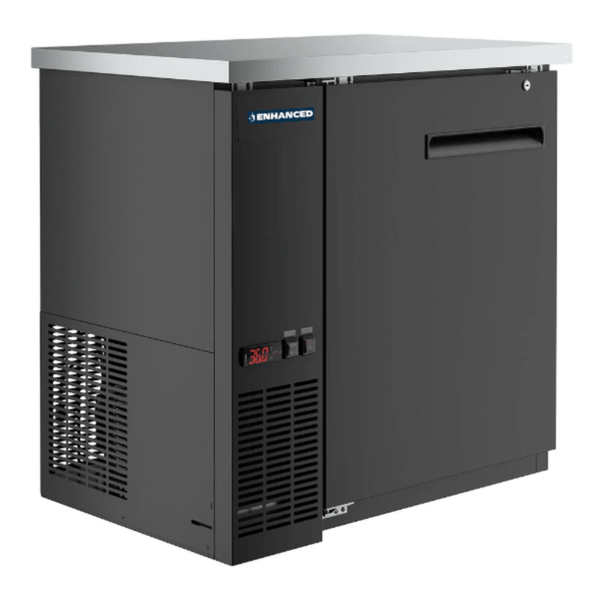 Enhanced Refrigeration EBB-24-36F-HC back bar cooler in black with stainless steel top, solid door, digital temperature display, and side ventilation grilles