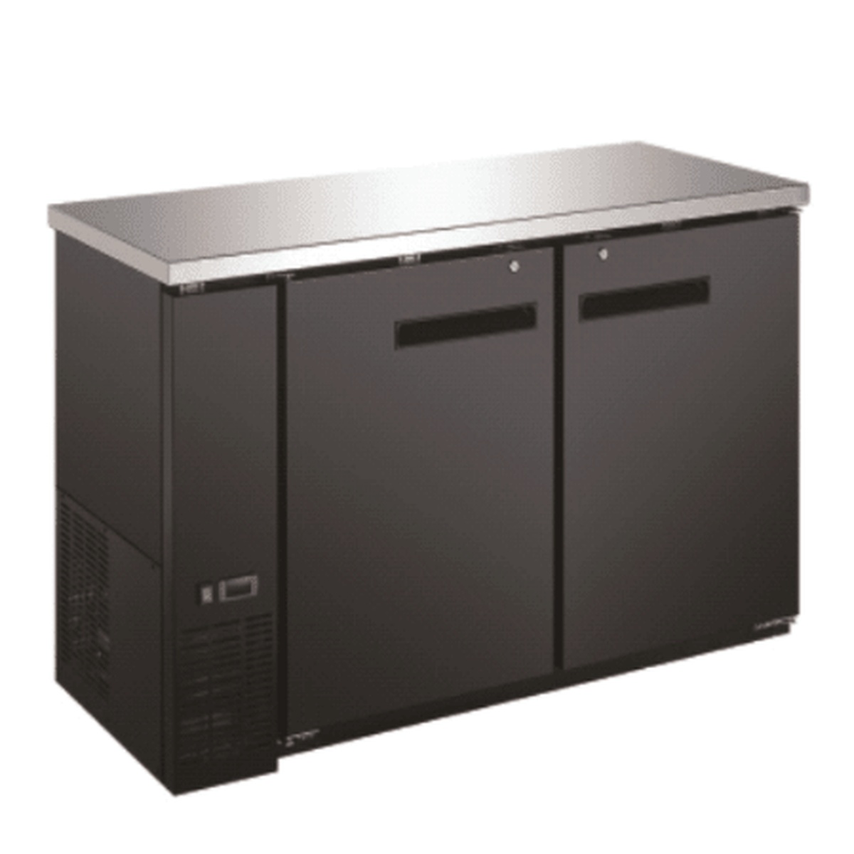 Enhanced EBB-24-48F-HC 48-inch back bar cooler with black exterior, two solid lockable doors, and stainless steel top