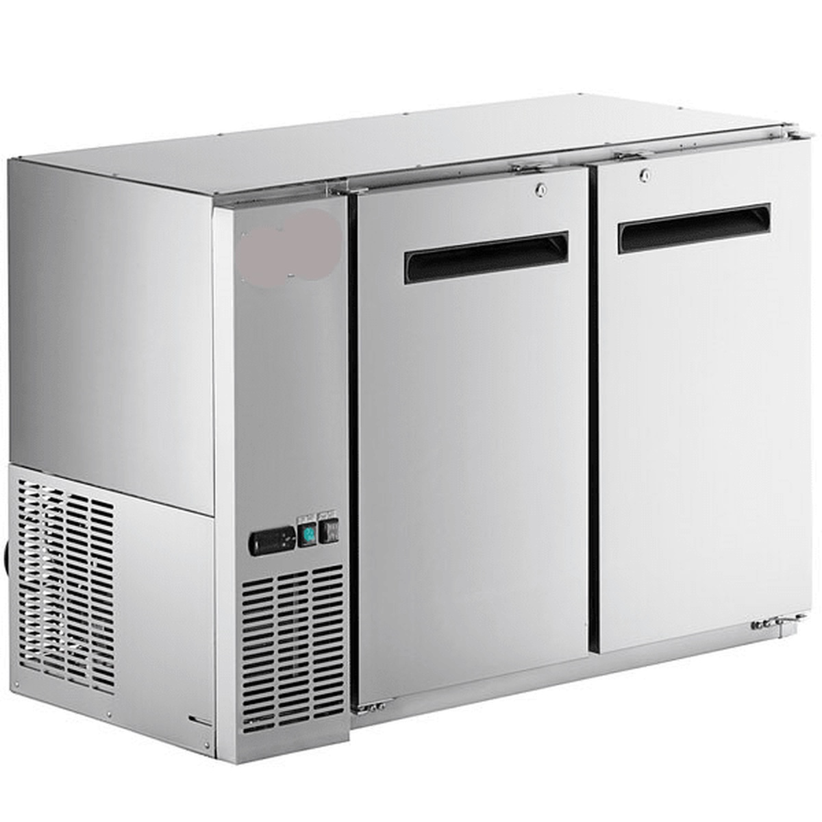Enhanced EBB-24-48FSS-HC 48-inch two solid door back bar cooler with stainless steel exterior and front-mounted compressor
