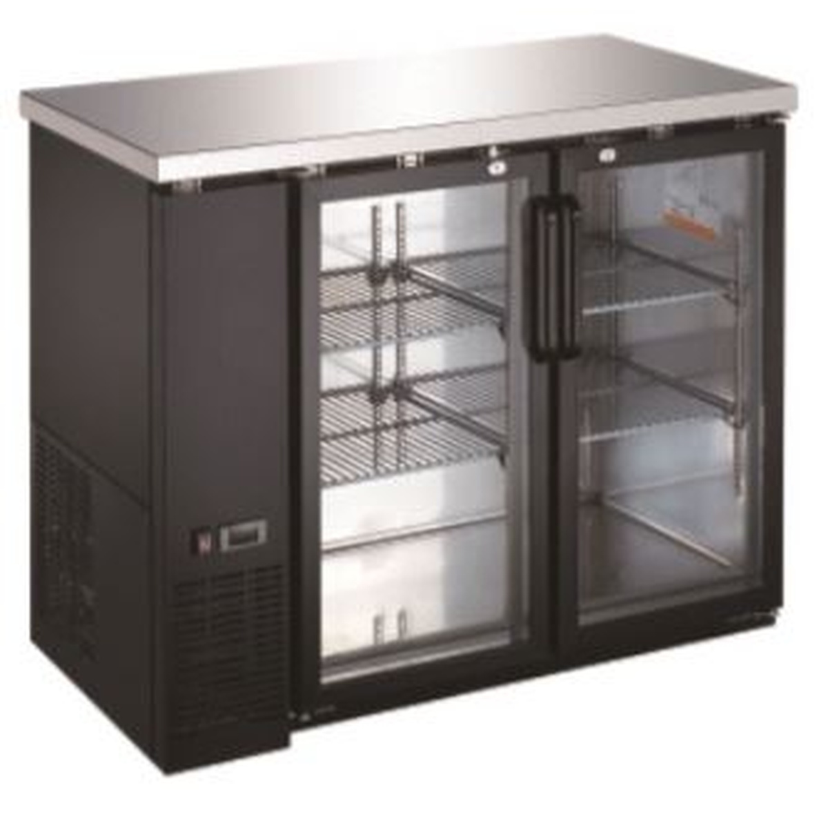 Enhanced Refrigeration EBB-24-48G-HC 48-inch black back bar cooler with two glass doors, stainless steel top, and wire shelving