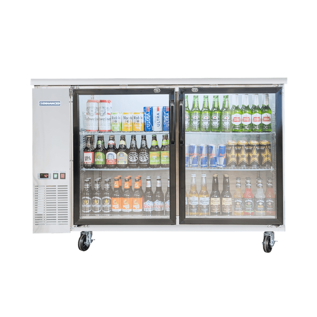 Enhanced EBB-24-48GSS-HC 48-inch back bar cooler with dual glass doors, stainless steel exterior, loaded with beer bottles and cans on multiple wire shelves, on casters