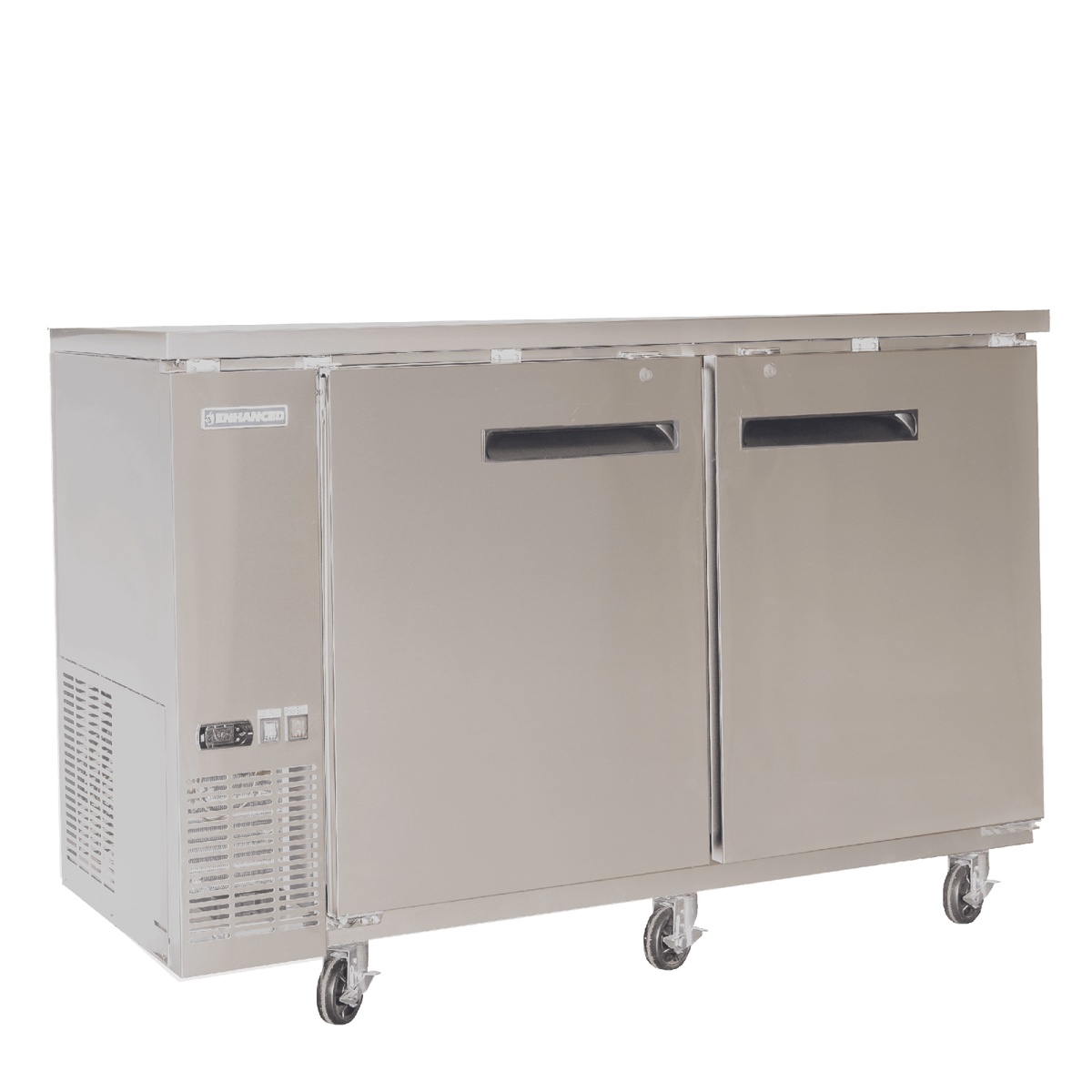 Enhanced Refrigeration EBB-24-60FSS-HC 60-inch stainless steel back bar cooler with two solid doors and casters