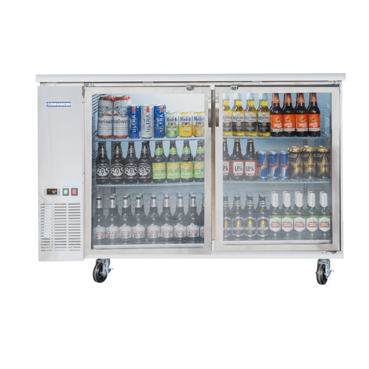 Enhanced EBB-24-60GSS-HC 60-inch back bar cooler with two glass doors loaded with beverages on white background