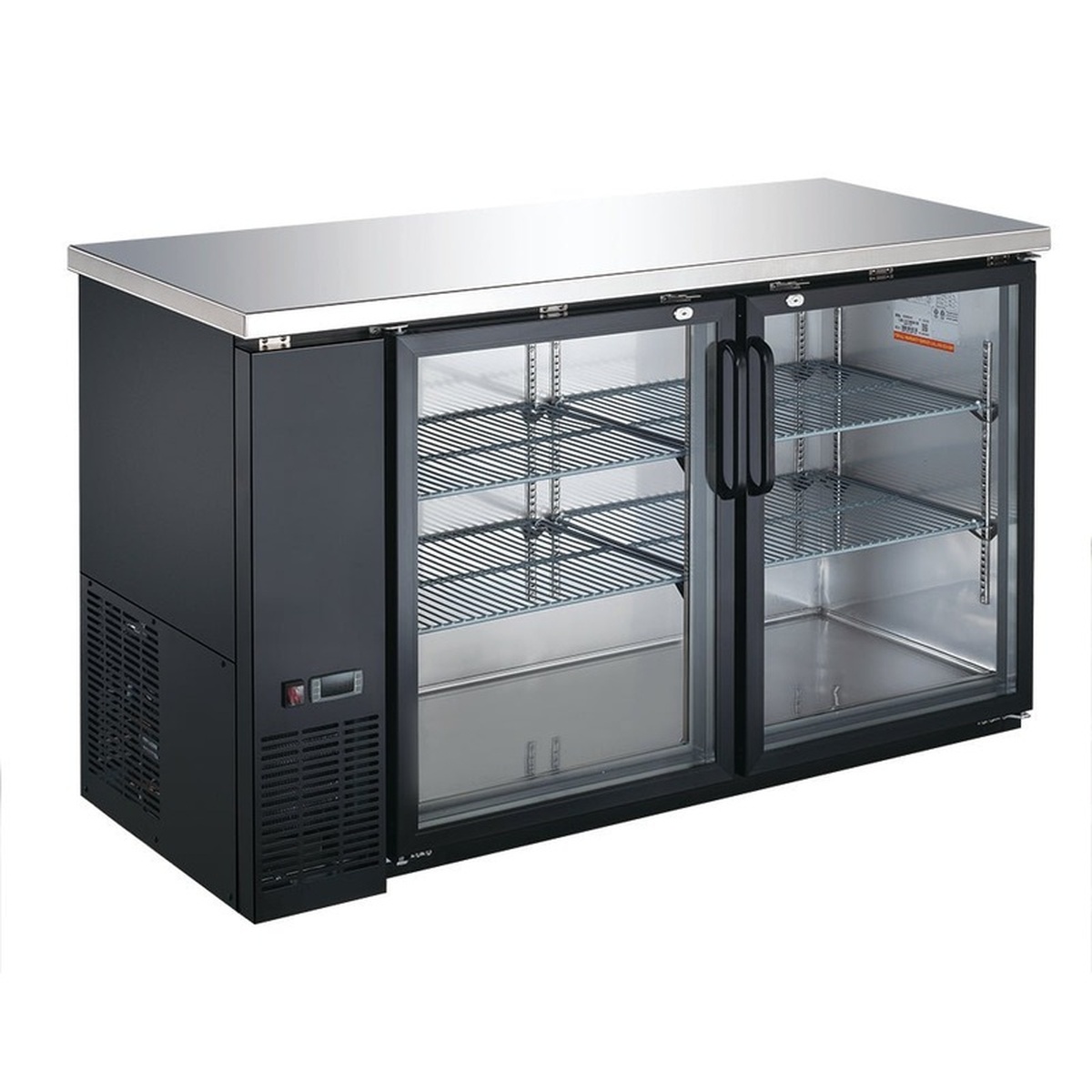 Enhanced EBB-24-72F-HC 72-inch back bar cooler with black exterior, stainless steel top, and wire shelving visible through glass doors
