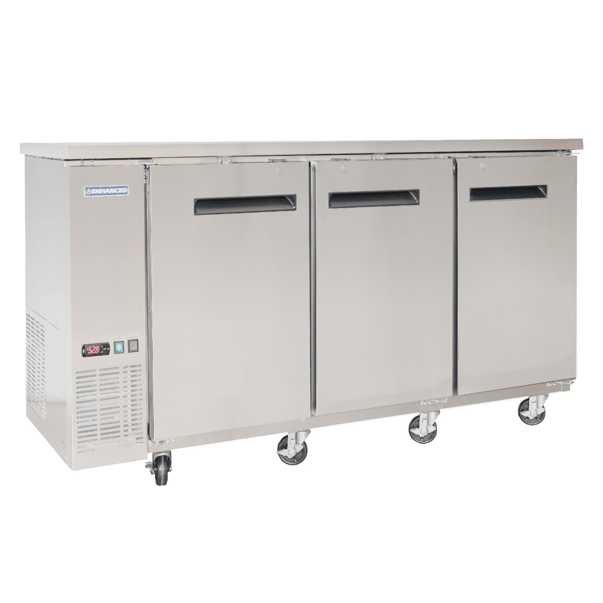 Enhanced EBB-24-72FSS-HC 72-inch stainless steel three-door back bar cooler with digital display and casters
