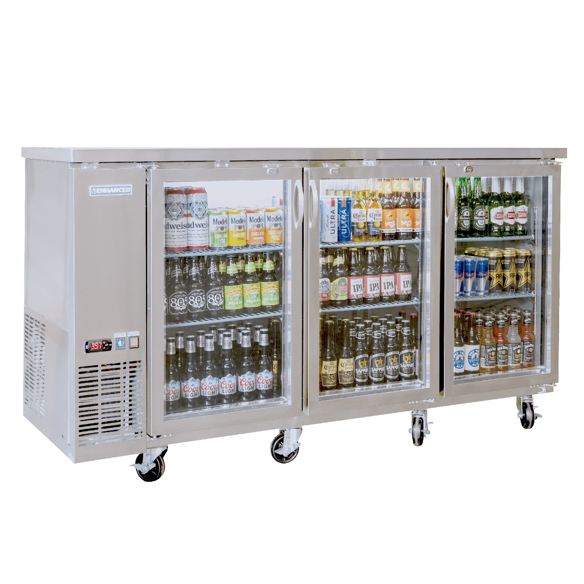 Enhanced EBB-24-72GSS-HC 72-inch stainless steel back bar cooler with three glass doors loaded with canned and bottled beverages on casters