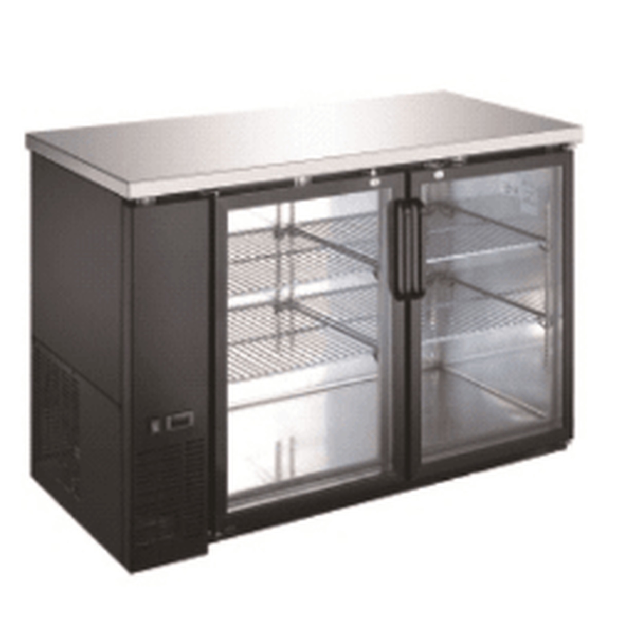 Enhanced EBB-2G-SS-HC back bar cooler side-angle view showing stainless steel top and adjustable interior wire shelves