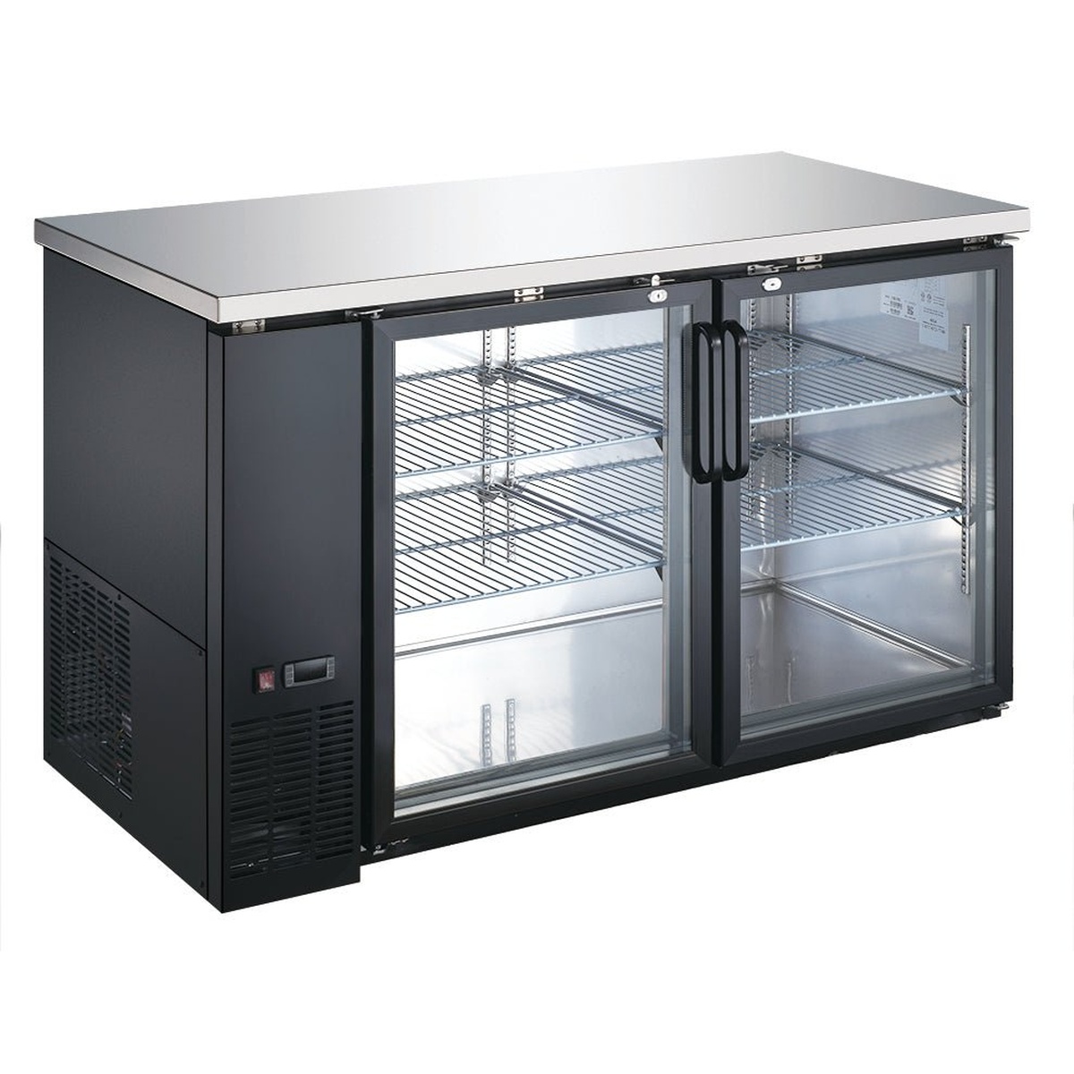 Enhanced EBB-2G-SS-HC back bar cooler with two glass doors, stainless steel top, and wire shelving visible through glass