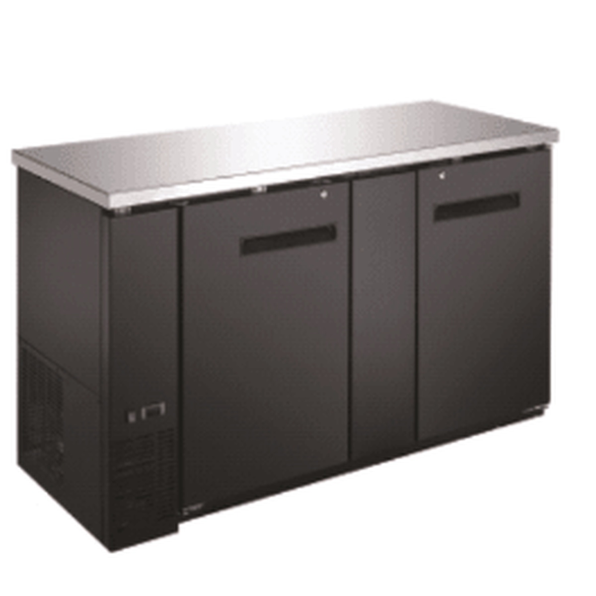 Enhanced EBB-3F-HC back bar cooler with black exterior, stainless steel top, and two solid doors